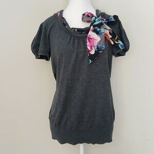 Ted Baker Short Sleeve Sweater With Silk Tie Gray Size US 10-12